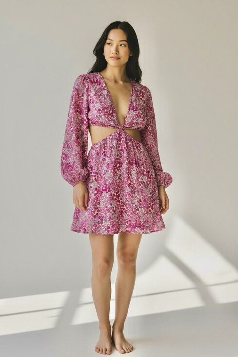 Sky To Moon Dresses & Skirts - Sky to Moon Pink Floral Cutout Mini Dress Long Sleeve Open Front Size L NWOT